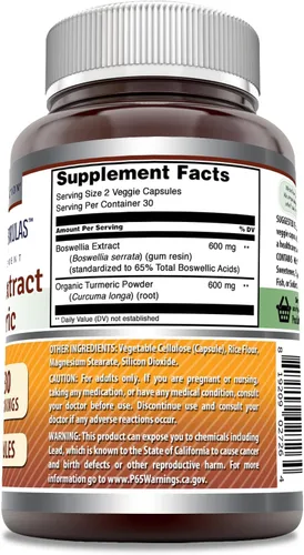 Vista 2 de Amazing Formulas Boswellia Extracto y suplemento de cúrcuma 1200 mg por porción 60 cápsulas vegetales Sin OMG Sin gluten Fabricado