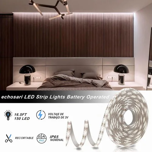Vista 4 de echosari Tira de luces operadas por batería, 16.5 pies, 150 LED 2835 SMD, tiras de luces para armario con control remoto para dormitorio, cocina