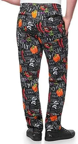 Vista 2 de Pantalón chef con estampado de pizarra para hombre (XS-3X) Corte holgado tradicional, 100% algodón, cintura elástica