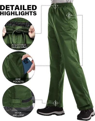 Vista 3 de iCreek Pantalones de lluvia para mujer, impermeables, transpirables Verde militar
