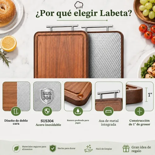 Vista 2 de Tabla de Cortar de Acero Inoxidable y Madera de Doble Cara Tablas de Cortar para Cocina - 2 en 1 Ébano Metal con Mango Resistente a Rayones Carne