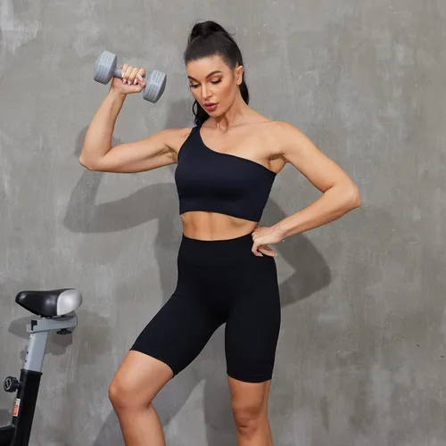 Vista 5 de Plubedo Conjuntos de entrenamiento para mujer, 2 piezas, acanalados, sin costuras, con un hombro, de cintura alta, para yoga, conjunto deportivo