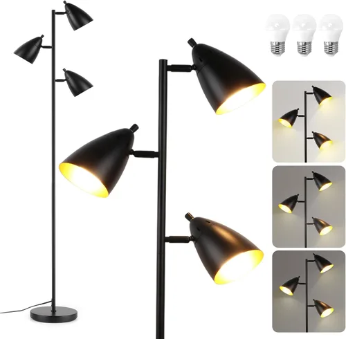 Vista 10 de Lámpara de pie estilo árbol para sala de estar, lámpara de pie industrial de 3 luces con 3 bombillas LED, cabezas giratorias ajustables, lámpara