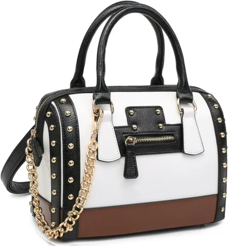 Vista 7 de Dasein Bolso Barrel para Mujer de Cuero Sintético de Charol Brillante con Decoración de Remaches Asa Superior Cartera Bolso de Hombro Azul más grande