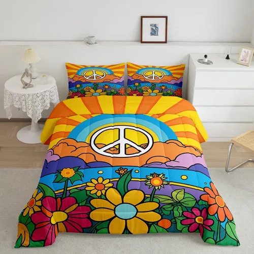 Vista 15 de Erosebridal Juego de edredón abstracto creativo dibujado a mano para niños y niñas, estilo hippie garabato, colorido arte urbano, tamaño individual