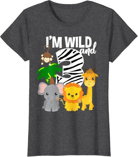 Vista 6 de Camiseta de cumpleaños con temática de zoológico de I'm Wild and 3, Negro, S