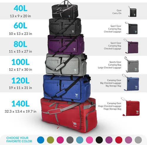 Vista 3 de Bago Bolsa de viaje para hombre y mujer, ligera, plegable, bolsa de lona para equipaje de 15.85 gal, 21.13 gal, y 26.42 gal (60 L, 80 L y 100 L)