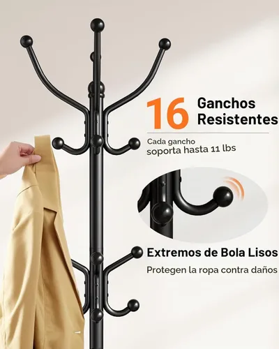 Vista 6 de Pipishell Perchero de metal resistente con base de mármol resistente, con 16 ganchos y soporte desmontable para paraguas, perchero independiente