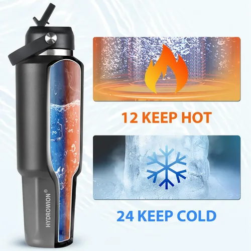 Vista 3 de HYDROWION Botella de agua aislada de 32 onzas, soporte para botella de agua para automóvil, botella de viaje aislada al vacío de doble pared