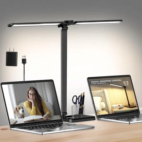 Vista 10 de CHARYJOD Lámpara de escritorio LED retráctil regulable con puerto de carga USB, 50 modos de iluminación, brazo doble oscilante, arquitecto, lámpara