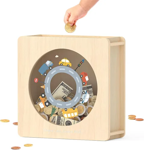 Vista 22 de Summidate Caja de ahorro de dinero de madera, caja de ahorro de ventana transparente con calcomanías de bricolaje, alcancía de oso personalizada