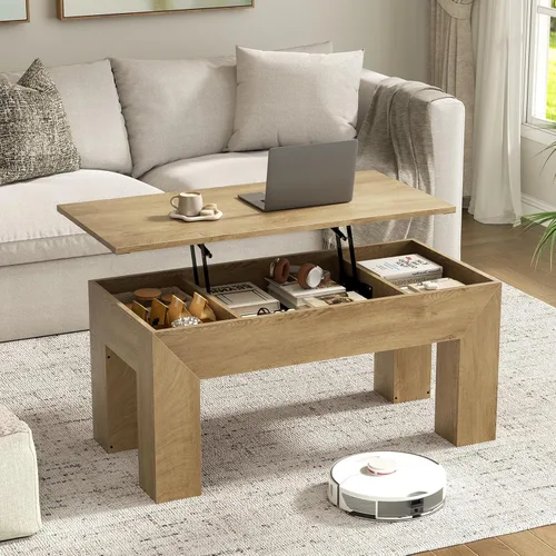 Vista 10 de FABATO Mesa auxiliar elevable de 41.7 pulgadas, mesa auxiliar rectangular de madera con almacenamiento oculto, mesa central grande de altura
