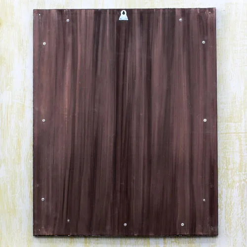 Vista 2 de NOVICA Espejo de pared de cobre niquelado del marco de madera de Brown Repousse, Tranquility