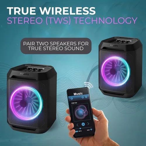 Vista 5 de Philips Altavoz Bluetooth para fiestas, refuerzo dinámico de bajos, Bluetooth y entrada auxiliar, entrada de micrófono, emparejamiento inalámbrico