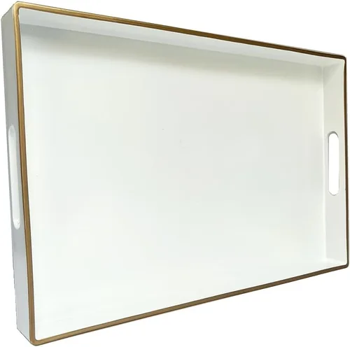 Vista 18 de Bandeja decorativa azul para mesa de café, bandeja de servir redonda de plástico con cuentas para encimera de cocina, otomana, sala de estar, (13")