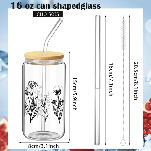 Vista 2 de Zubebe Tazas de vidrio con tapas y pajilla, diseño estético, diseño bonito, tazas de flores silvestres de Navidad, 16 onzas, taza de café helado