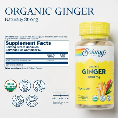 Vista 2 de SOLARAY Jengibre orgánico 1080 mg – Suplementos orgánicos de jengibre – Alivia las náuseas y los vómitos asociados con el mareo, apoya la salud