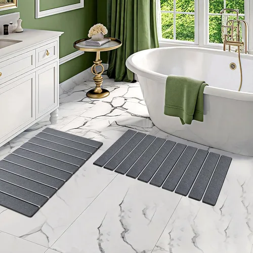 Vista 12 de Paquete de 1 tapete de baño plegable de piedra para baño, tapete de baño gris súper absorbente de tierra de diatomeas, alfombra de ducha