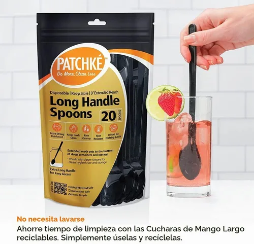 Vista 6 de Cucharas largas de plástico – 9 pulgadas – Cuchara de mango largo resistente para agitar, cucharas de café negro – Espresso, cuchara de té helado