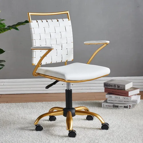 Vista 6 de Silla de escritorio negra y dorada, silla giratoria ergonómica de escritorio para computadora con brazos, silla ergonómica de cuero negro