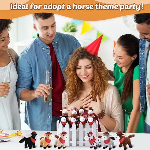 Vista 7 de 42 piezas Adopta un caballo de fiesta para niños, 12 mini caballos de peluche con pequeños sombreros de vaquero y 12 bandanas, manualidades para mi