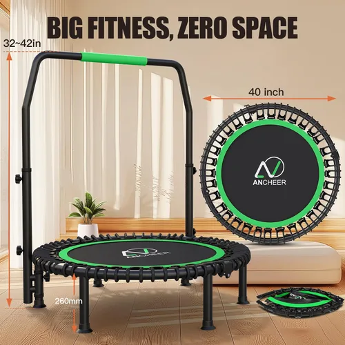 Vista 9 de ANCHEER Trampolín Rebounder de 40 pulgadas con mango ajustable de 4 niveles, mini trampolín máximo de 400 libras, trampolín de fitness resistente