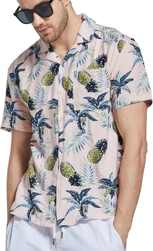 Vista 4 de Janmid Camisas hawaianas florales de manga corta con botones para hombre