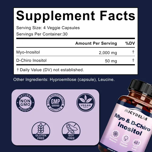 Vista 4 de Suplemento de mio-inositol y D-chiro inositol para mujeres, equilibrio hormonal y apoyo a la salud femenina, proporción ideal de 40:1 por porción