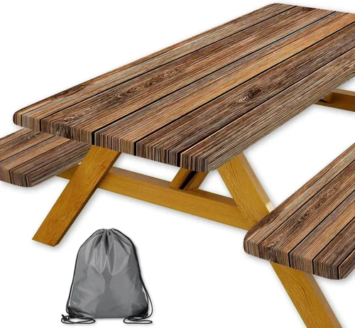 Vista 38 de Funda para Mesa de Picnic con Fundas para Bancos y Bolsa, Campista de Madera Impermeable Resistente al Viento, Cubierta de Mantel Ajustada con Borde