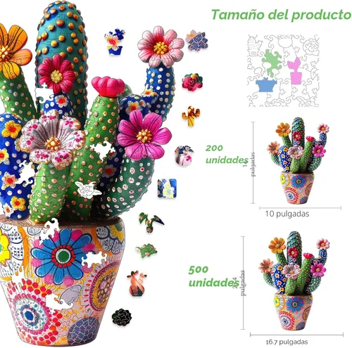 Vista 7 de Mys Aurora - Rompecabezas de madera para adultos, diseño de cactus y flores, 200 piezas
