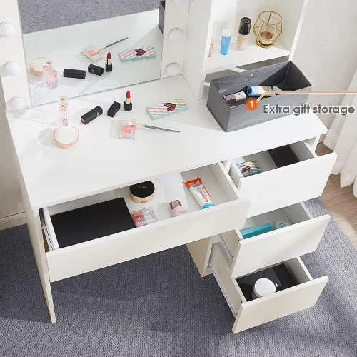 Vista 9 de Vabches Tocador de maquillaje con luces, escritorio de tocador de 37 pulgadas, cómoda de 4 cajones grandes con espejo iluminado, 3 modos de Blanco