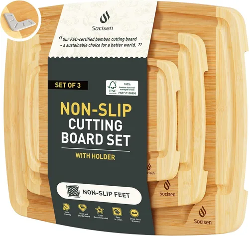 Vista 24 de Tabla de cortar de bambú extra grande con pies antideslizantes y tabla de cortar de madera para cocina con ranura de jugos para carne, verduras