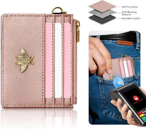 Vista 23 de SEAVILIA Tarjetero llavero cartera para mujer con ventana de identificación RFID monedero regalo abeja delgada minimalista pequeña cartera