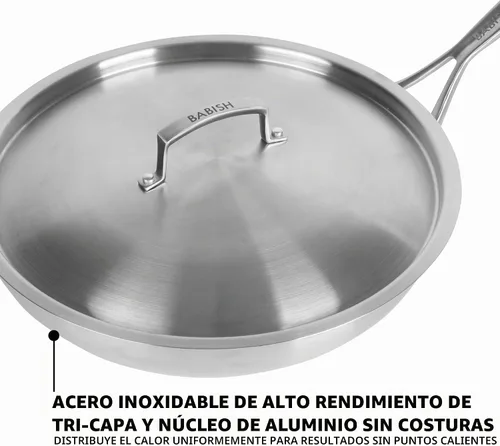 Vista 2 de Babish Sartén de 12 Pulgadas de Acero Inoxidable de Tres Capas con Tapa – Sartén Profesional para Sellar, Saltear y Cocinar con Calor Uniforme