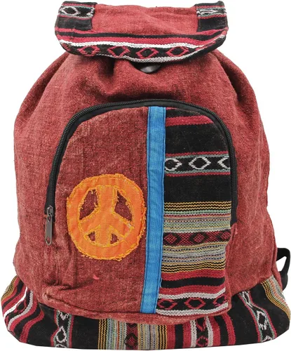 Vista 2 de DharmaObjects Mochila hecha a mano de algodón crudo bohemio hippie, Borgoña, Viajar