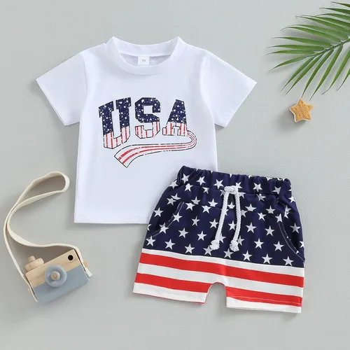 Vista 2 de Sprifallbaby Conjunto de pantalones cortos para fiesta del 4 de julio, para bebé, niño, manga corta, letras, para el Día de la Independencia