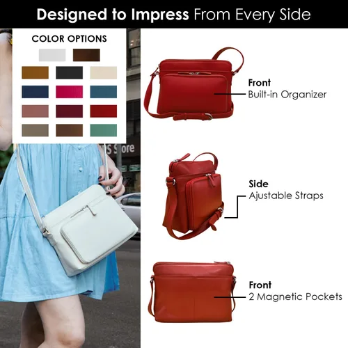 Vista 3 de ili New York Bolsos cruzados de cuero genuino para mujer, organizador de hombro con bloqueo RFID de primera calidad con correa ajustable