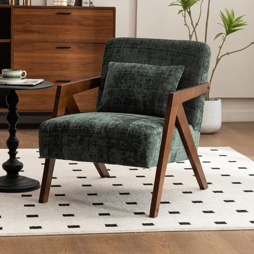 Vista 13 de Silla con acento moderno de mediados de siglo con marco de madera maciza, sillas tapizadas de chenilla para sala de estar con cojín para dormitorio