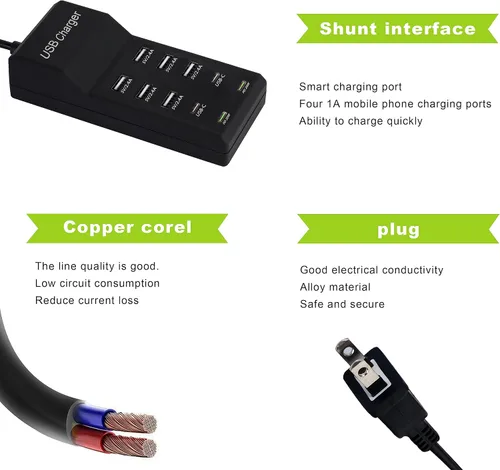 Vista 6 de Cargador USB, estación de carga USB de 100 W con 10 puertos (6 puertos USB-A y 2 puertos USB-C y 2 PD20W) compatible con iPhone 15/14/13/13Pro Max