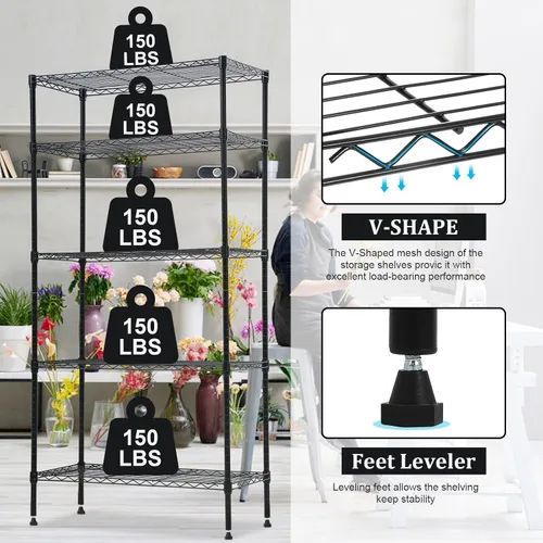 Vista 2 de Estantería de alambre de 5 niveles, unidad de almacenamiento resistente, estante organizador de metal, altura ajustable con ruedas para cocina
