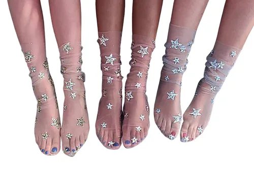 Vista 2 de FXmimior Calcetines de tul con purpurina caliente y estrellas para mujer, Blanco