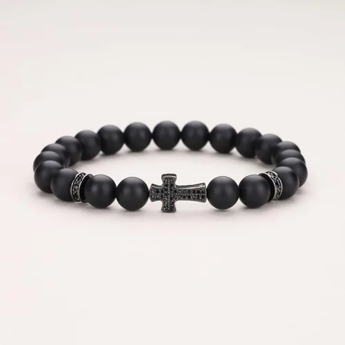 Vista 4 de COAI Pulsera de cruz con cuentas de piedra religiosa
