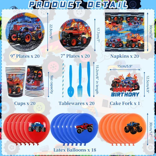 Vista 2 de KEFAN Suministros para fiesta de cumpleaños de Monster Truck, juego de decoraciones de fiesta de camión monstruo que incluye telón de fondo, platos