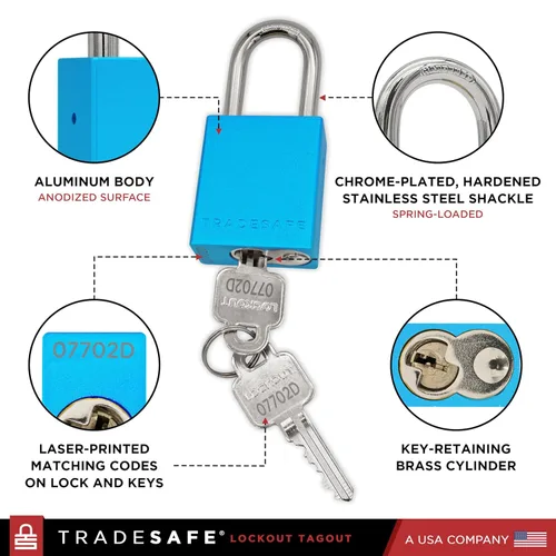 Vista 3 de TRADESAFE Juego de cerraduras de bloqueo y etiquetado – 10 cerraduras de aluminio azul, candados de bloqueo con llave igual, 2 llaves por candado