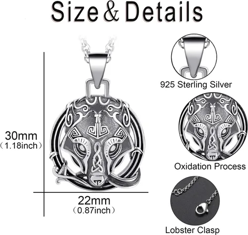 Vista 4 de LES OSEWA Collar de lobo vikingo de plata de ley 925, amuleto pagano nórdico tribal colgante Fenrir Talismán collar lobo celta joyería regalo