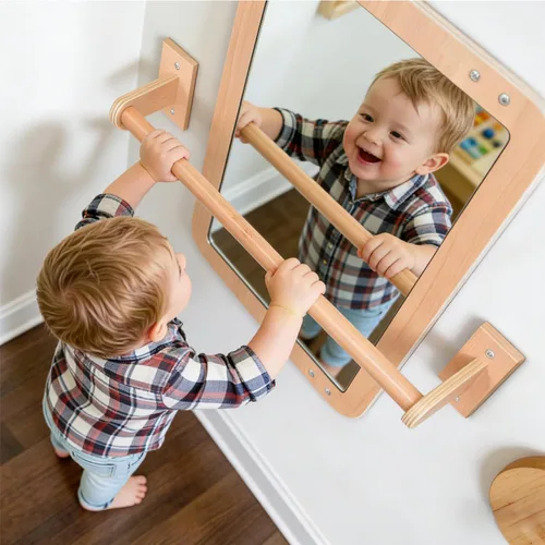 Vista 2 de Montessori Baby Espejo de seguridad inastillable 2 en 1 con barra de dominadas, montaje en pared infantil y juego en el suelo para el tiempo boca