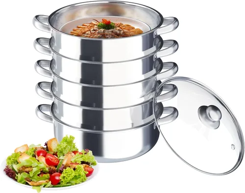 Vista 13 de Vaporizador de acero inoxidable de 5 niveles, olla de vapor apilable de acero inoxidable con tapa de vidrio para cocinar al vapor y cocinar
