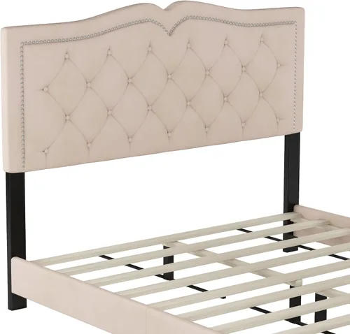 Vista 4 de Marco de cama de terciopelo tamaño Queen, cabecera capitonada con alas de canal vertical, cama con plataforma tapizada, listones de madera fuertes