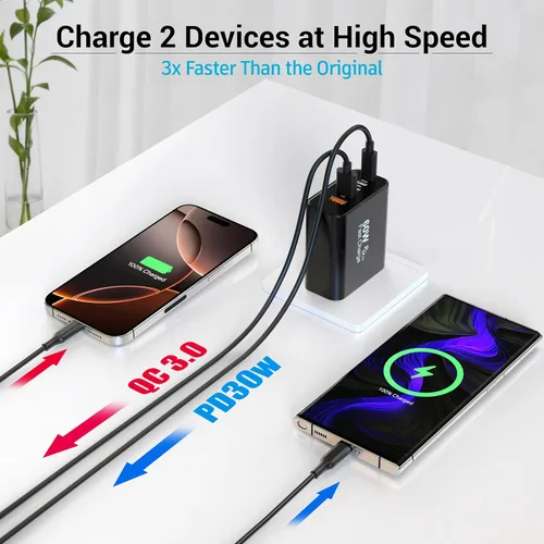 Vista 5 de TZBAY Bloque de carga USB-C de 60 W (paquete de 2), concentrador de carga rápida de 5 puertos (3 USB-C, 2 USB-A), PD 3.0 tipo C Power Brick