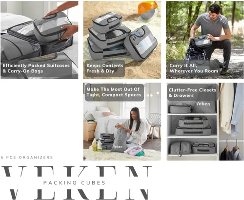Vista 9 de Veken - Juego de 6 estuches organizadores equipaje de viaje incluye bolsa para ropa sucia y bolsa para zapatos gris VK456